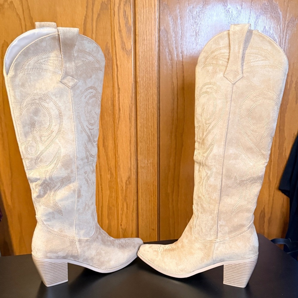 WETKISS Sz11 Women's Tan Suede Embroidered Knee High Western Cowboy Boots - Picture 7 of 12